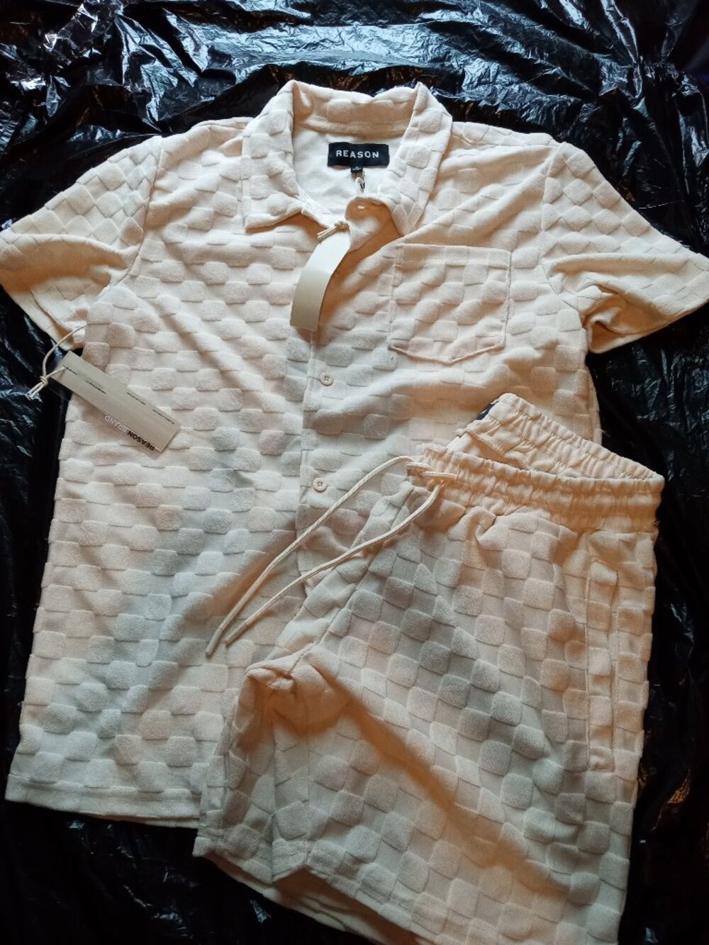 Reason Brand Mens Cream Terry Cloth Button Up Checkered Set Small (NWT)